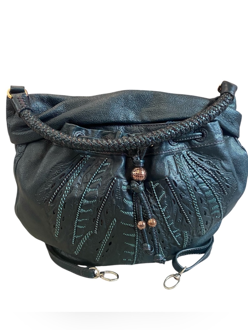 Brighton Masterpiece Nina teal feathered embroidered leather shoulder bag